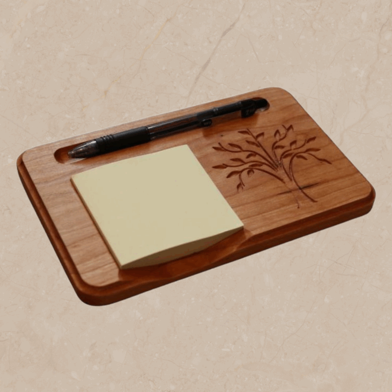 Carved Wooden Tree Sticky Note Holder: Personalized Notepad & Pen Organizer