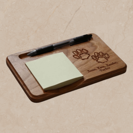 Carved Wooden Paw Prints Sticky Note Holder: Personalized Notepad & Pen Organizer