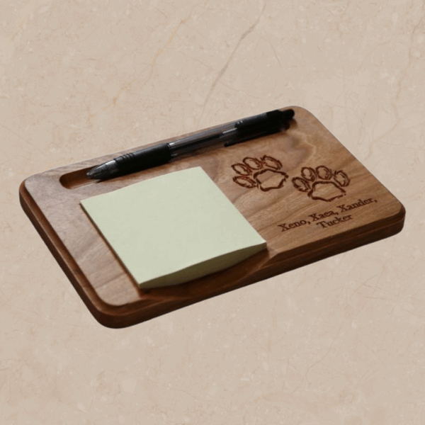 Carved Wooden Paw Prints Sticky Note Holder: Personalized Notepad & Pen Organizer