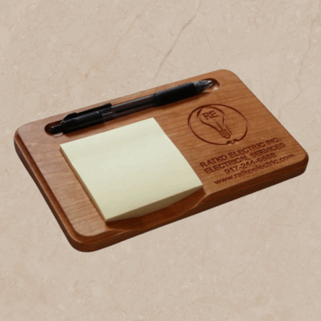 Carved Wooden Business Sticky Note Holder: Personalized Notepad & Pen Organizer