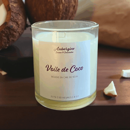 Coconut, Sandalwood and Vanilla Scented Candle / Bougie Voile de Coco, 227 g. - Free Shipping