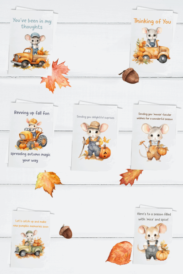 Fall Mouse Greeting Card Set – 5x7 Autumn Cards with Envelopes (Set of 7, Blank Inside)