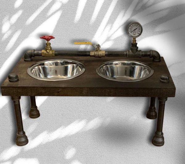 Unique steampunk style raised dog bowl feeder