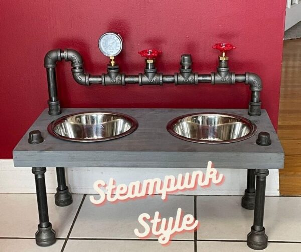 Steampunk Raised Dog Bowl Feeder: Knotty Pine, Industrial Style
