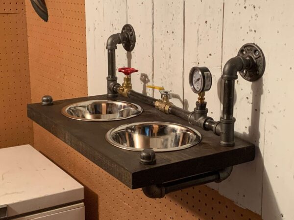 Floating steampunk style industrial style dog bowl feeder top mount-Free Personalization Included - Floating pet feeder