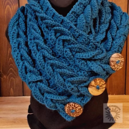 Exquisite Teal Blue Hand-Crocheted Braided Neckwarmer with Coconut Buttons - MADE TO ORDER