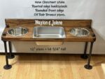 Raised water bin with 2 bowls on each end. Water Bin and Dual Feeder - tall dog bowl stand