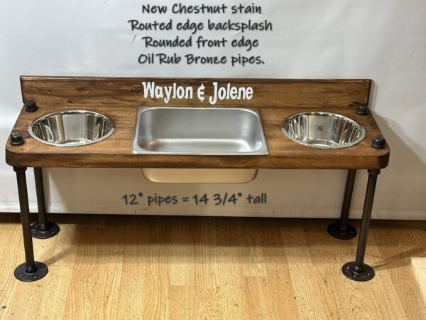Raised water bin with 2 bowls on each end. Water Bin and Dual Feeder - tall dog bowl stand