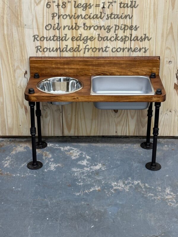 Raised water bin with 2 bowls on each end. Water Bin and Dual Feeder - tall dog bowl stand