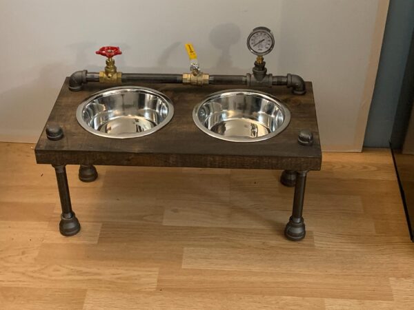 Unique steampunk style raised dog bowl feeder