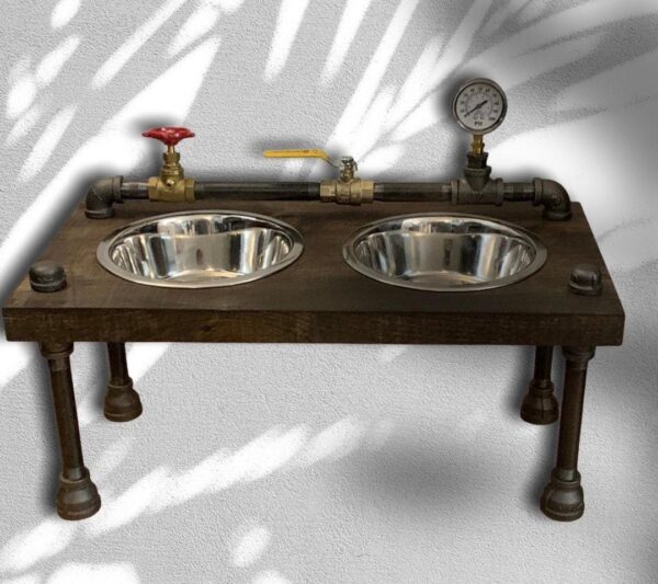 Unique steampunk style raised dog bowl feeder