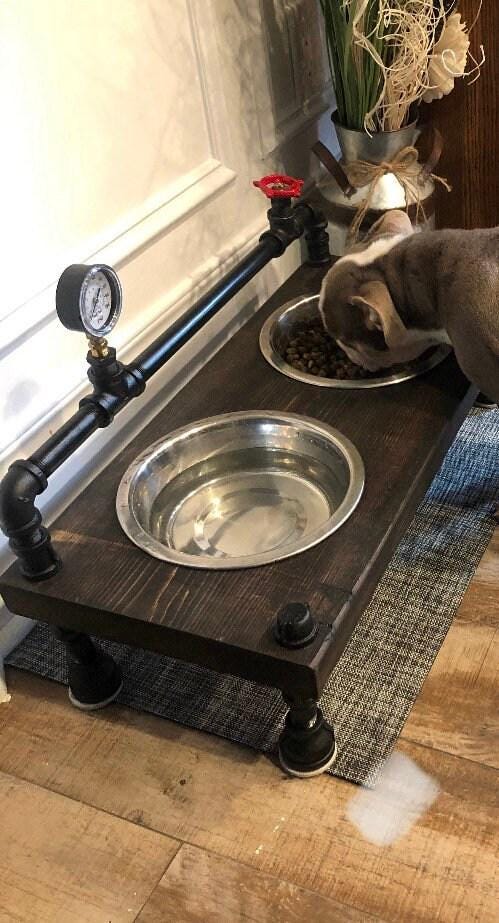 Steampunk style unique raised dog bowl feeder