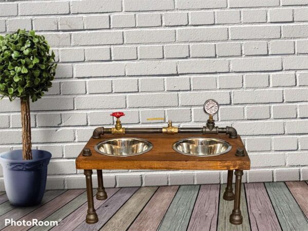 Unique steampunk style raised dog bowl feeder