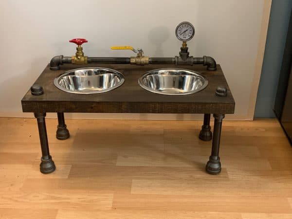 Unique steampunk style raised dog bowl feeder