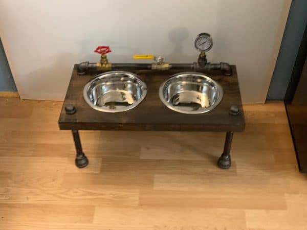 Unique steampunk style raised dog bowl feeder