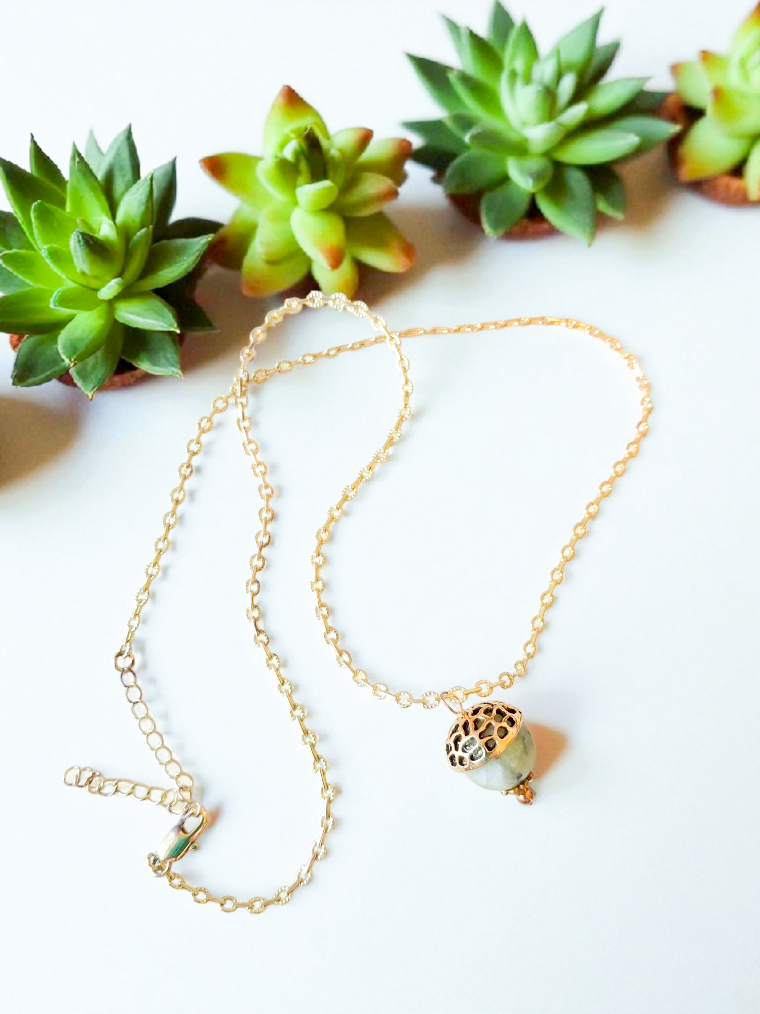 Nature-Inspired Green Jade Acorn Necklace in Gold