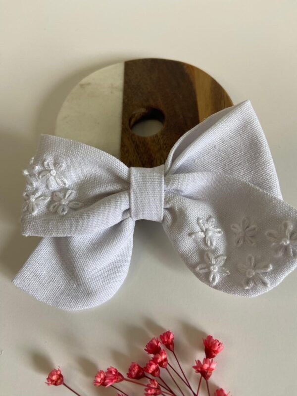 Hand Embroidered Linen Hair Bow – Floral Handmade Hair Accessory | Made in Canada