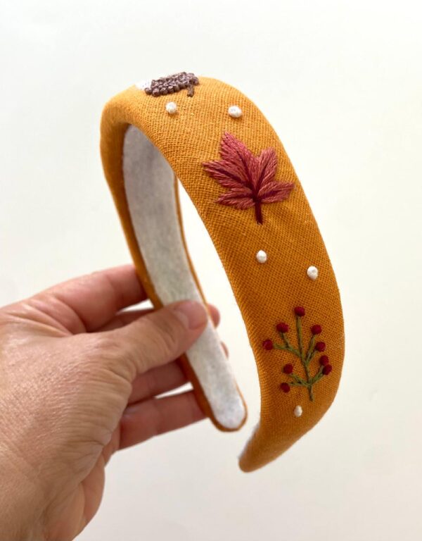 Hand Embroidered Linen Headband – Floral Handmade Hair Accessory – Autumn Fall Style – Free Shipping Canada