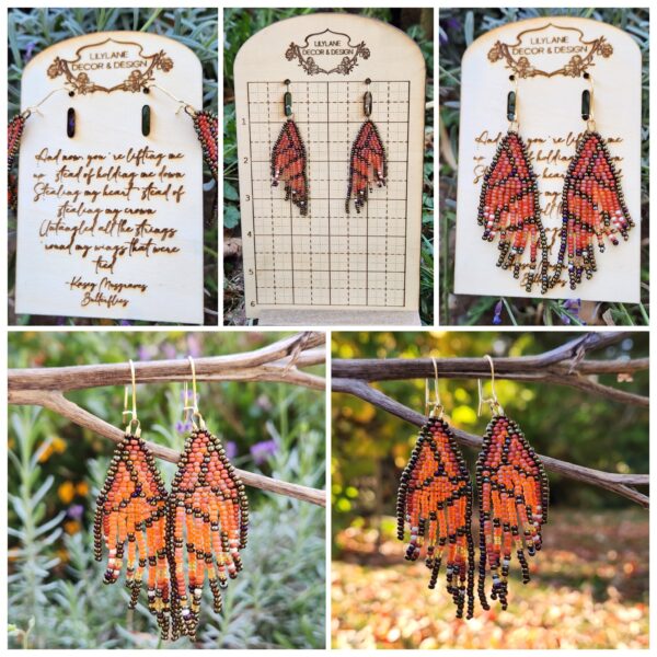 Handmade Beaded Monarch Wing Earrings – Orange and Gold Boho Fringe Jewelry