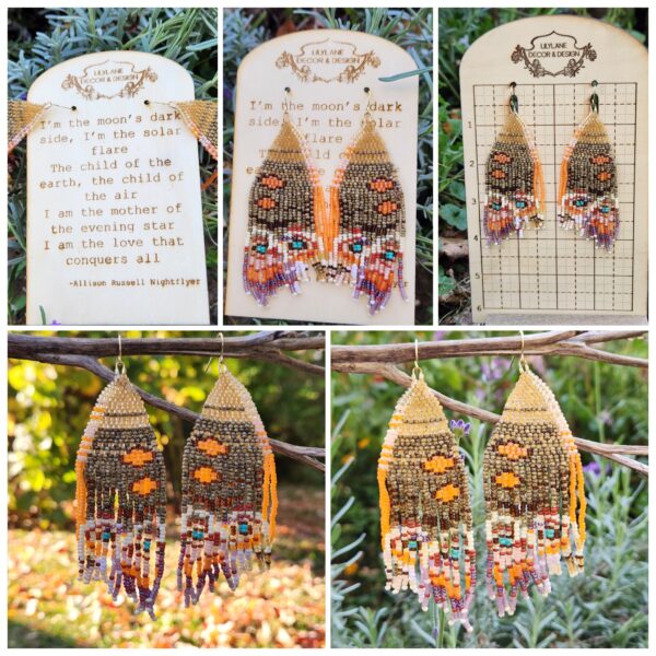 Handmade Beaded Moth Wing Earrings – Autumn Boho Fringe Jewelry in Warm Sunset Tones