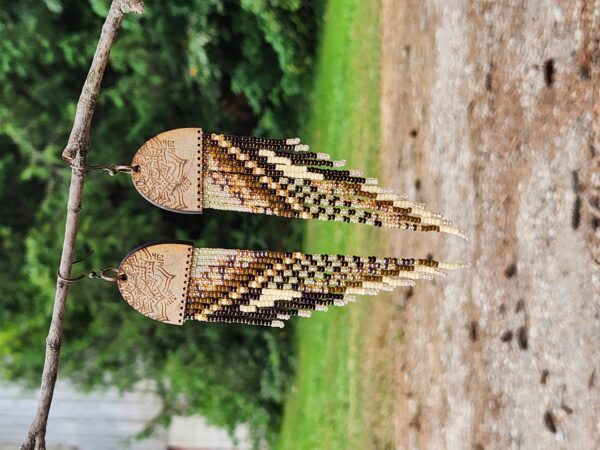 Golden Earth Beaded Fringe Earrings – Handmade Boho Dangles with Etched Wood Tops