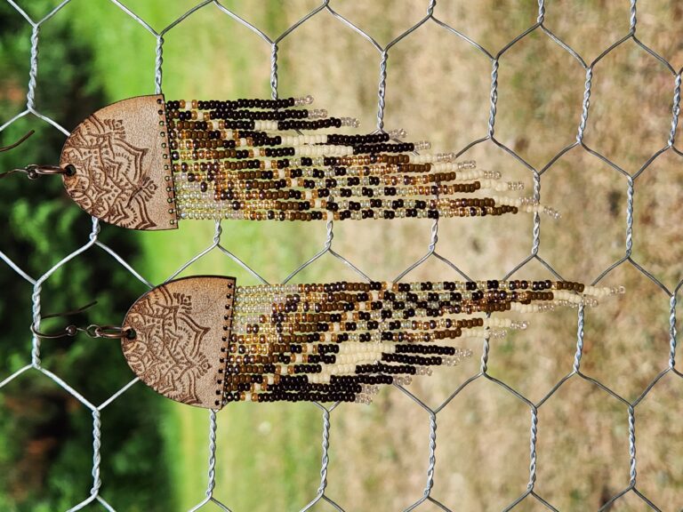 Golden Earth Beaded Fringe Earrings – Handmade Boho Dangles with Etched Wood Tops