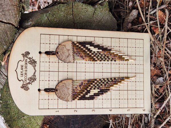 Golden Earth Beaded Fringe Earrings – Handmade Boho Dangles with Etched Wood Tops