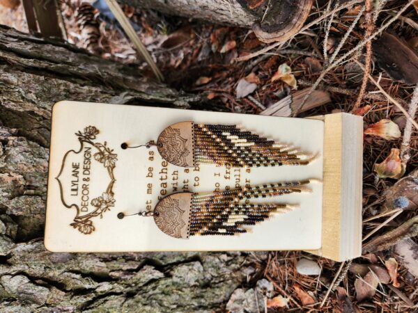 Golden Earth Beaded Fringe Earrings – Handmade Boho Dangles with Etched Wood Tops