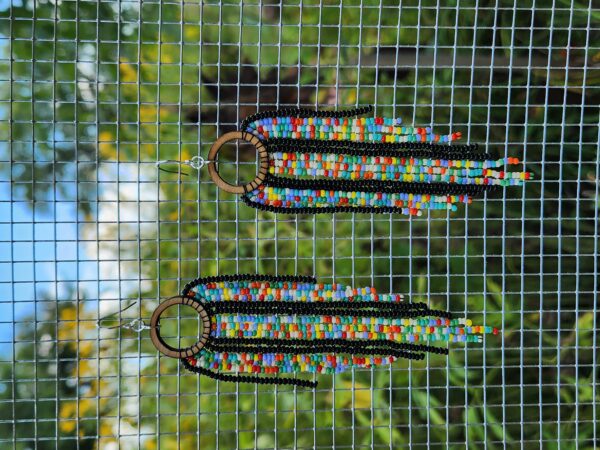 Rainbow Trail Beaded Fringe Earrings – Handmade Boho Dangles with Wood Hoops