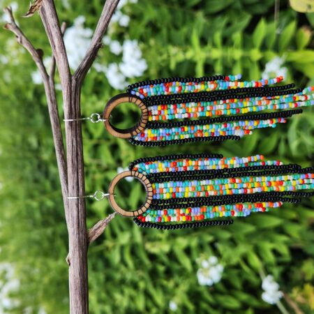 Rainbow Trail Beaded Fringe Earrings – Handmade Boho Dangles with Wood Hoops