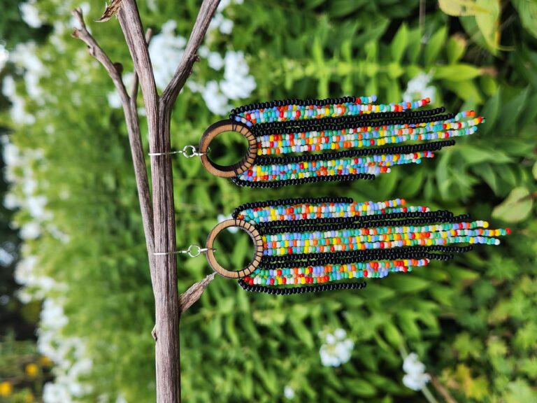 Rainbow Trail Beaded Fringe Earrings – Handmade Boho Dangles with Wood Hoops