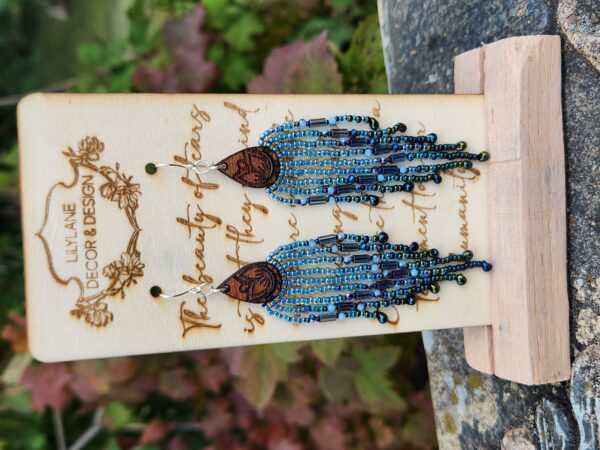 Blue Lotus Beaded Fringe Earrings – Handmade Boho Dangles with Wood Teardrop Tops