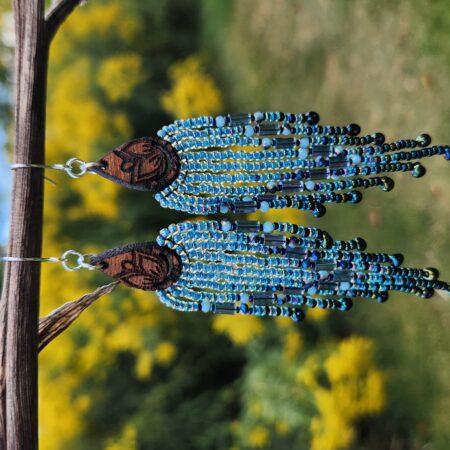 Blue Lotus Beaded Fringe Earrings – Handmade Boho Dangles with Wood Teardrop Tops