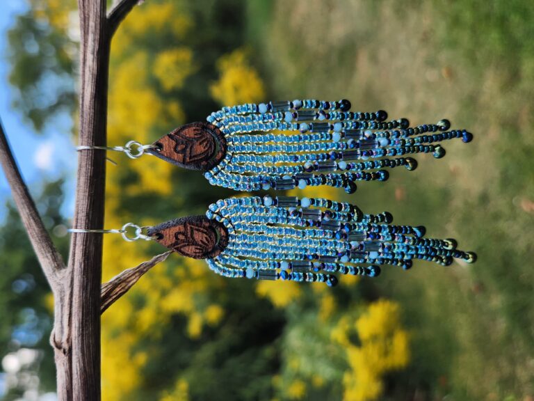 Blue Lotus Beaded Fringe Earrings – Handmade Boho Dangles with Wood Teardrop Tops