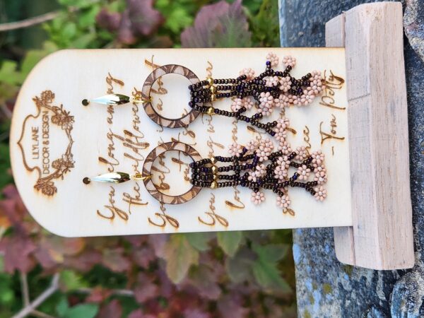 Blush Bloom Beaded Fringe Earrings – Handmade Floral Dangle with Wood Accent Hoops