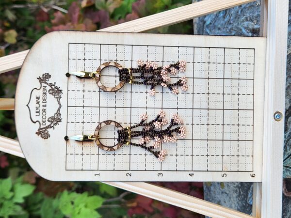 Blush Bloom Beaded Fringe Earrings – Handmade Floral Dangle with Wood Accent Hoops