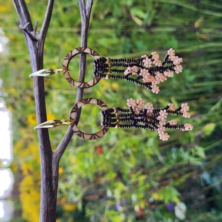 Blush Bloom Beaded Fringe Earrings – Handmade Floral Dangle with Wood Accent Hoops