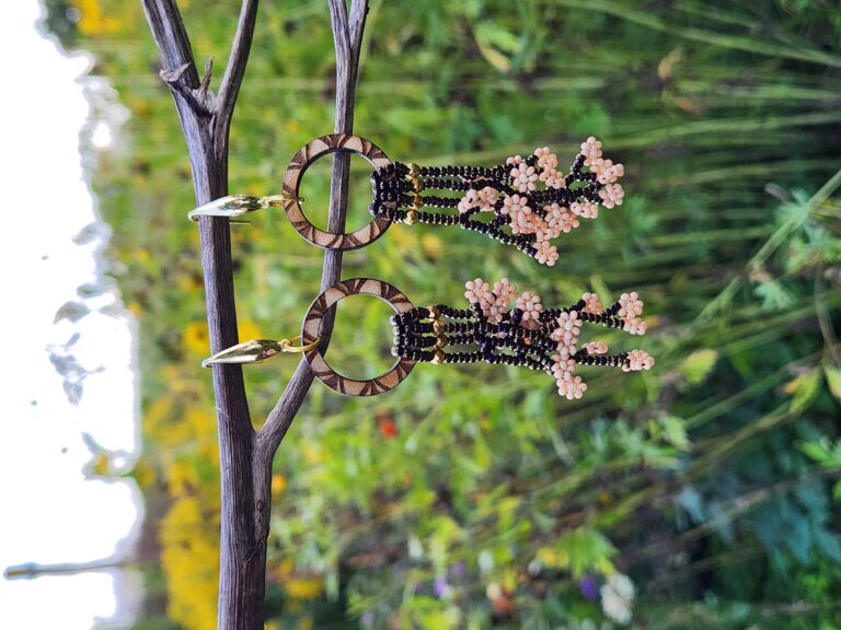 Blush Bloom Beaded Fringe Earrings – Handmade Floral Dangle with Wood Accent Hoops