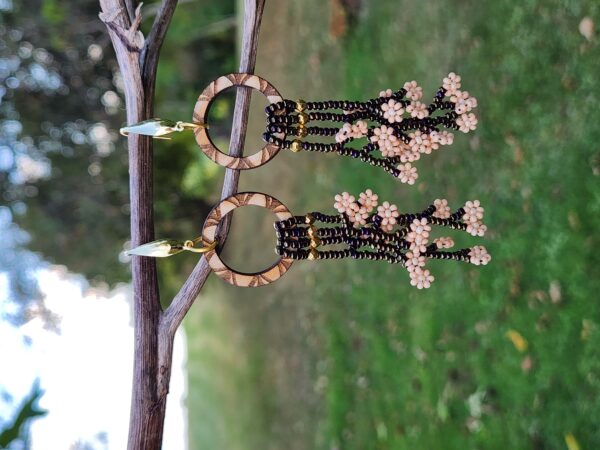 Blush Bloom Beaded Fringe Earrings – Handmade Floral Dangle with Wood Accent Hoops