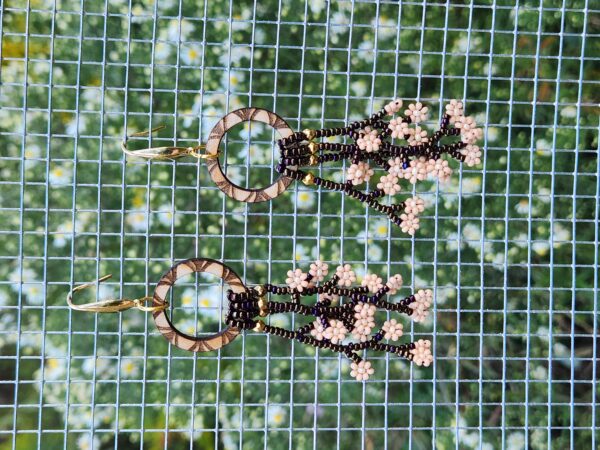 Blush Bloom Beaded Fringe Earrings – Handmade Floral Dangle with Wood Accent Hoops