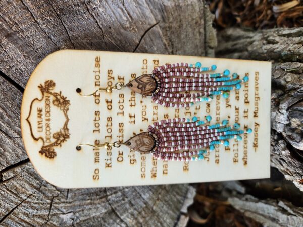 Wood Lotus Beaded Fringe Earrings – Boho Turquoise and Earth Tone Jewelry
