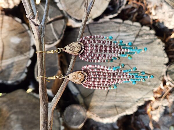 Wood Lotus Beaded Fringe Earrings – Boho Turquoise and Earth Tone Jewelry
