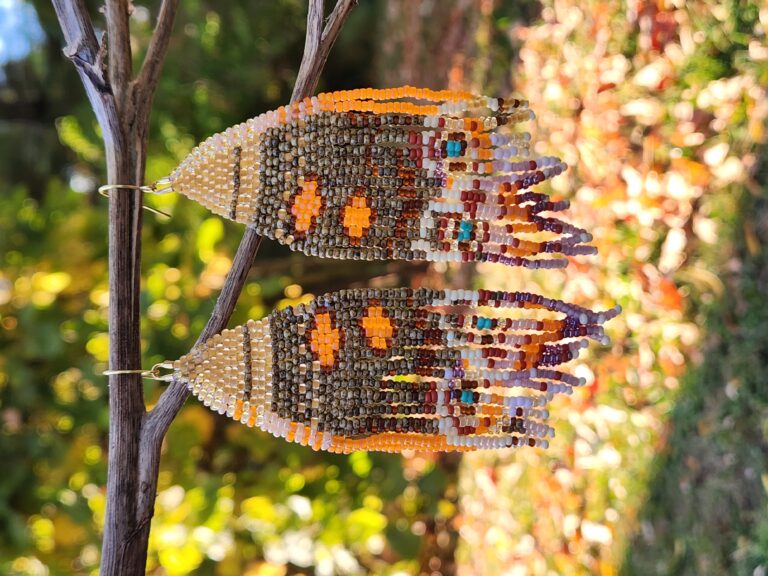 Handmade Beaded Moth Wing Earrings – Autumn Boho Fringe Jewelry in Warm Sunset Tones