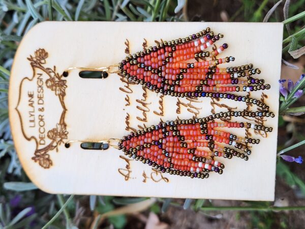 Handmade Beaded Monarch Wing Earrings – Orange and Gold Boho Fringe Jewelry