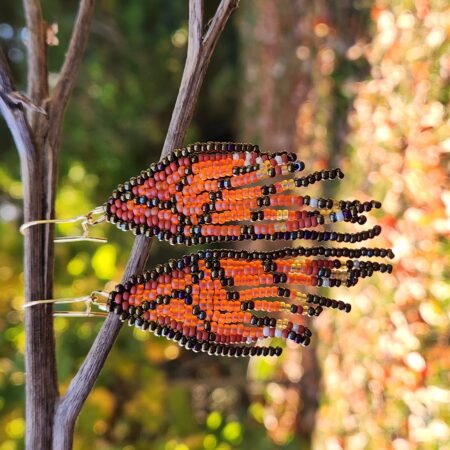 Handmade Beaded Monarch Wing Earrings – Orange and Gold Boho Fringe Jewelry