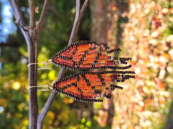 Handmade Beaded Monarch Wing Earrings – Orange and Gold Boho Fringe Jewelry