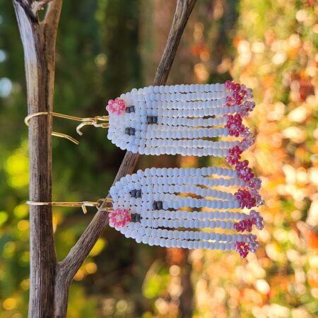 Handmade Beaded Ghost Earrings with Pink Floral Accents – Cute Boho Halloween Jewelry