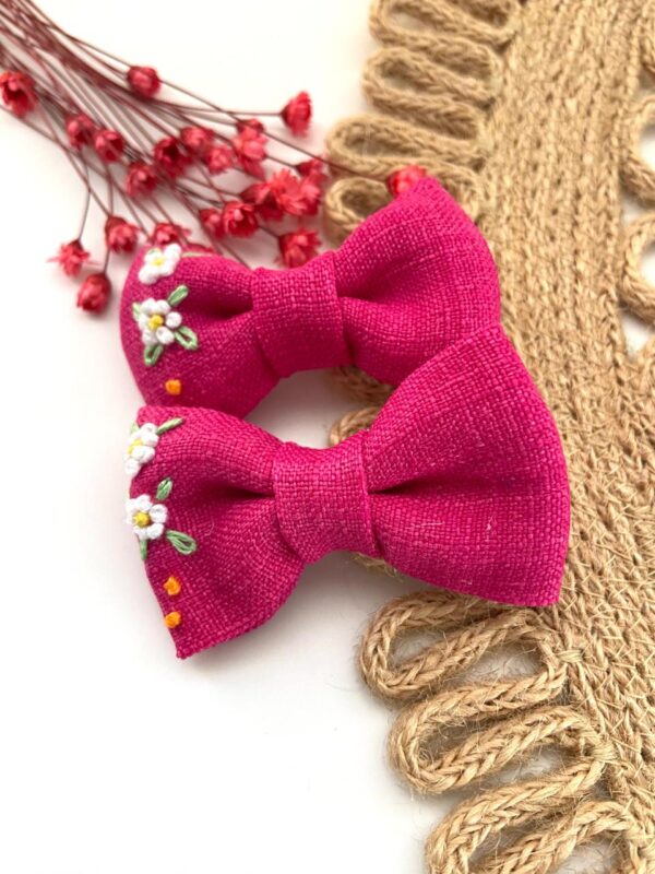 Hand Embroidered Floral Bow Pair – Matching Hair Clips Canada (5 cm)
