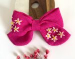 Hand Embroidered Linen Hair Bow – Floral Handmade Hair Accessory | Made in Canada