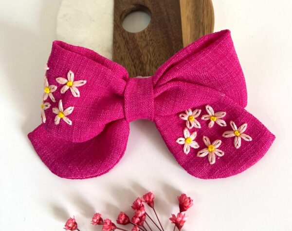 Hand Embroidered Linen Hair Bow – Floral Handmade Hair Accessory | Made in Canada